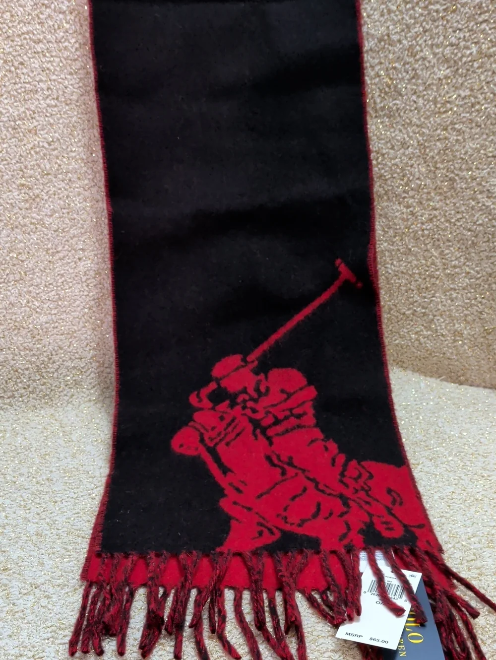NWT Polo Ralph Lauren Big Pony Reversible Jacquard Wool Blend Scarf Black Red